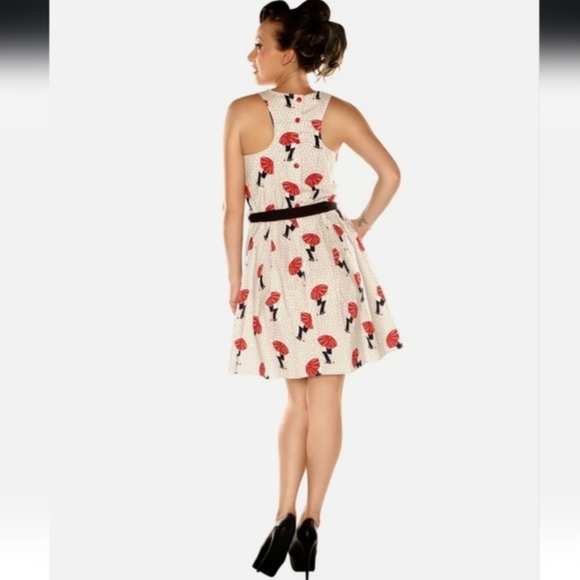 Retrolicious Red Umbrella Print Polka Dot Dress, Size Medium, Love, Made in USA - Picture 2 of 12